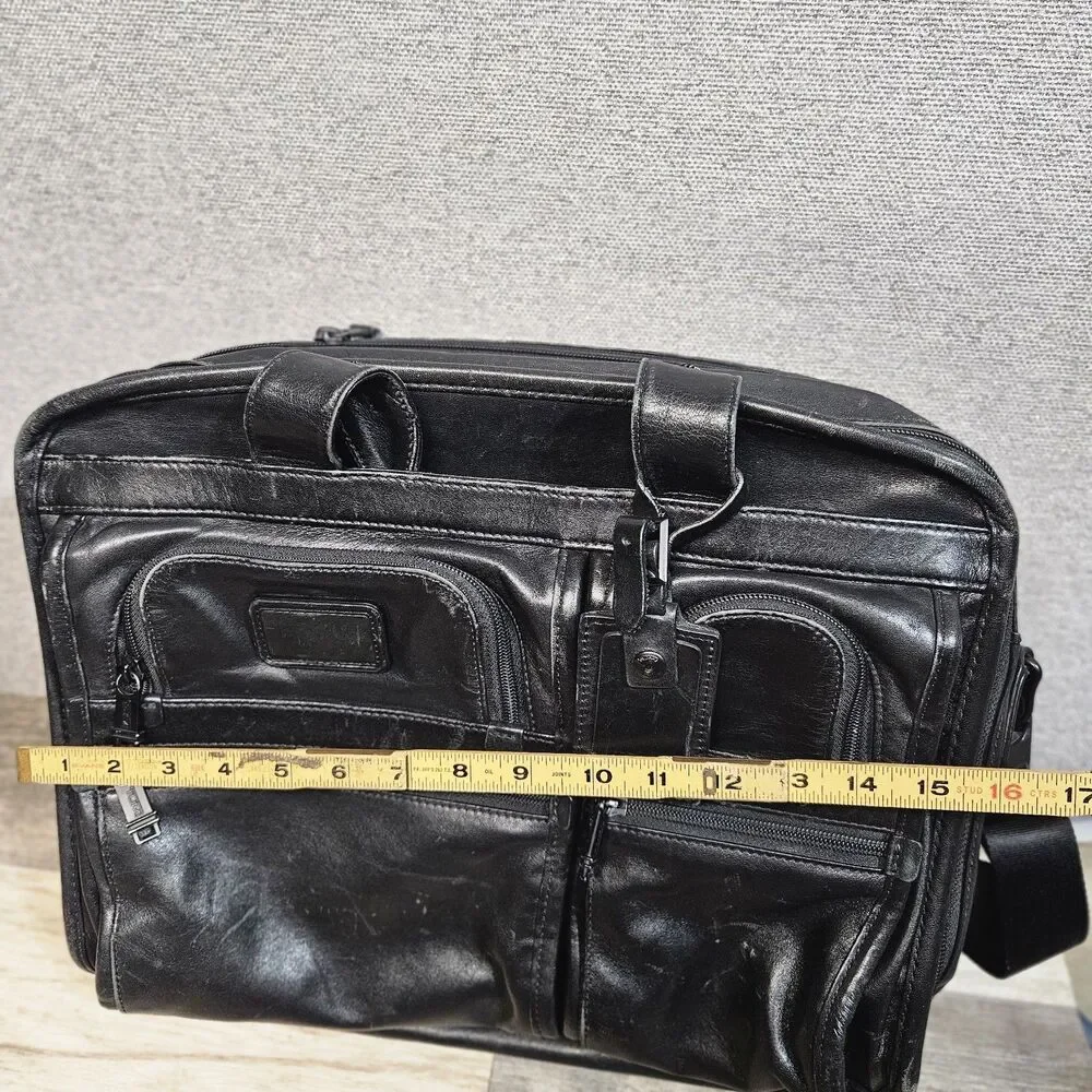 TUMI Black Leather Expandable Laptop Briefcase